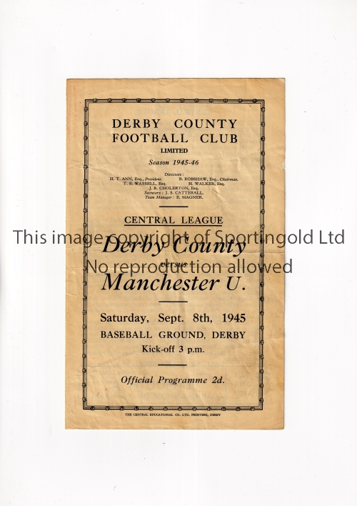 MANCHESTER UNITED Programme for the away Central League match v Derby County Reserves 8/9/1945,