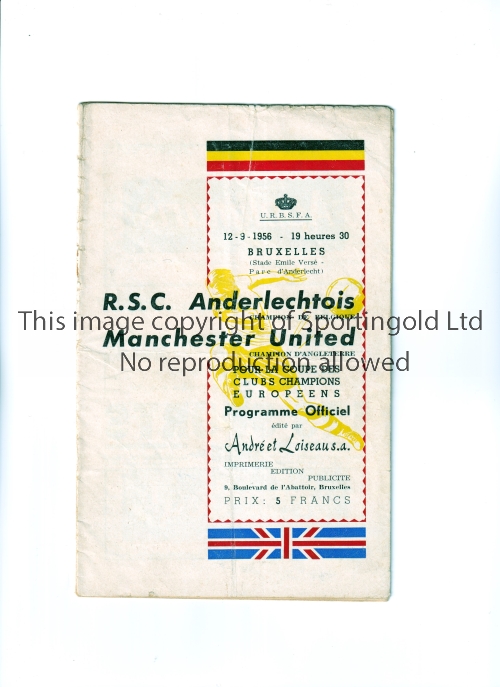 MANCHESTER UNITED / UNITED'S FIRST EUROPEAN MATCH Programme for the away European Cup tie v RSC