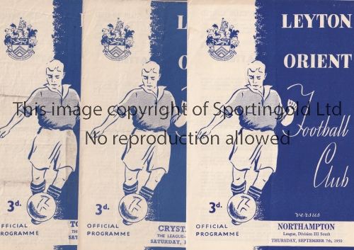 LEYTON ORIENT Three home programmes for the League matches v Northampton 7/9/1950, Crystal Palace