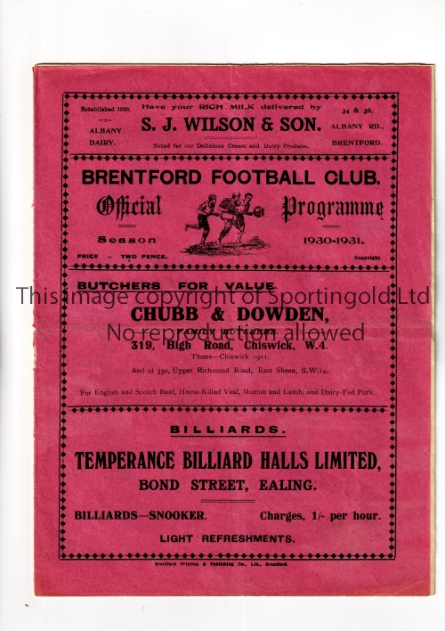 BRENTFORD V BRIGHTON 1930 Programme for the League match at Brentford 4/10/1930, slightly creased