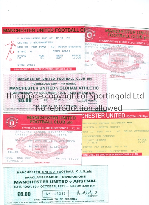 MANCHESTER UNITED Tickets for home matches 1991/2 Notts County, Manchester City, Arsenal,