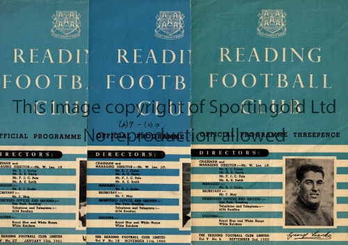 READING Three home programmes for the League matches v Ipswich Town 2/9/1950, vertical crease,