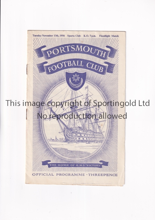 PORTSMOUTH V SPARTA ROTTERDAM 1956 Programme for the Floodlight match at Portsmouth 13/11/1956,