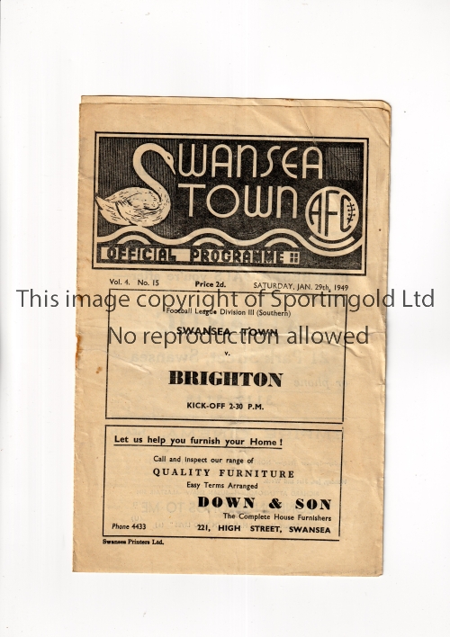 SWANSEA TOWN V BRIGHTON 1949 Programme for the League match at Swansea 29/1/1949, creased, staple