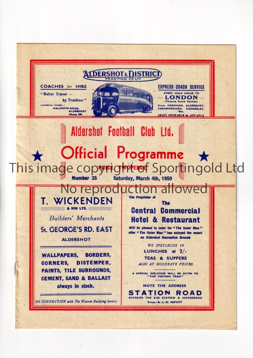 ALDERSHOT V READING 1950 Programme for the League match at Aldershot 4/3/1950, horizontal crease and