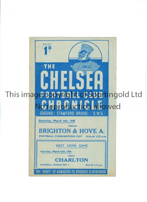 CHELSEA Programme for the home Football Combination Cup tie v Brighton and Hove 6/3/1948, horizontal