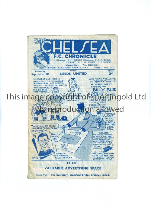 CHESLEA V LEEDS UNITED 1946 Programme for the home League match at Chelsea 14/9/1946, creased and