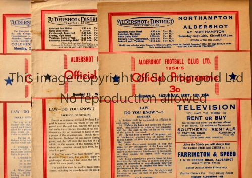 ALDERSHOT Three home programmes for the League matches v Crystal Palace, 18/9/1954, Lincoln City 3/