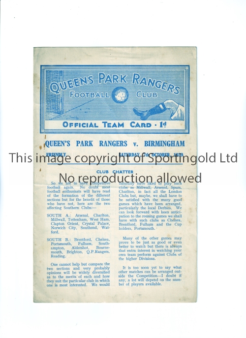 QUEEN'S PARK RANGERS V BIRMINGHAM 1939 FRIENDLY Programme for the match at Rangers 7/10/1939,