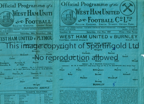 WEST HAM UNITED Two single sheet programmes for home League matches v Plymouth 28/12/46, creased and