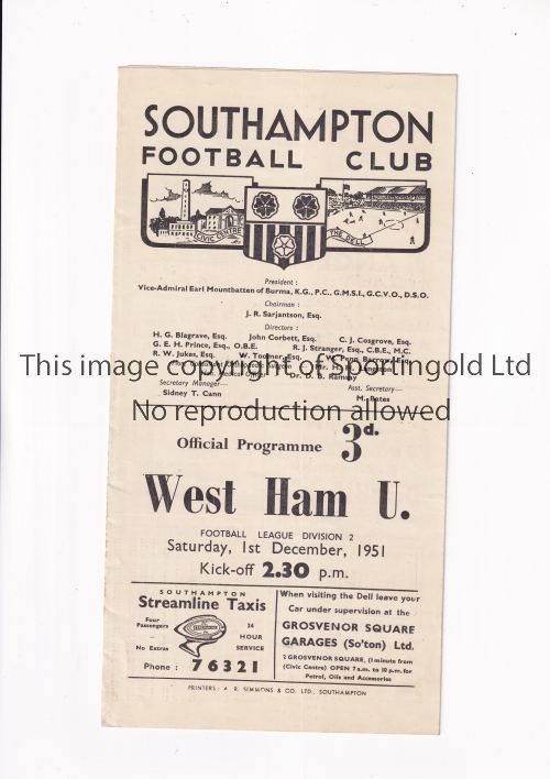 SOUTHAMPTON V WEST HAM UNITED 1951 Programme for the League match at Southampton 1/12/1951, tape