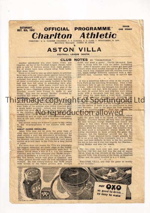 CHARLTON ATHLETIC V ASTON VILLA 1945 Single sheet programme for the FL South match at Charlton 6/