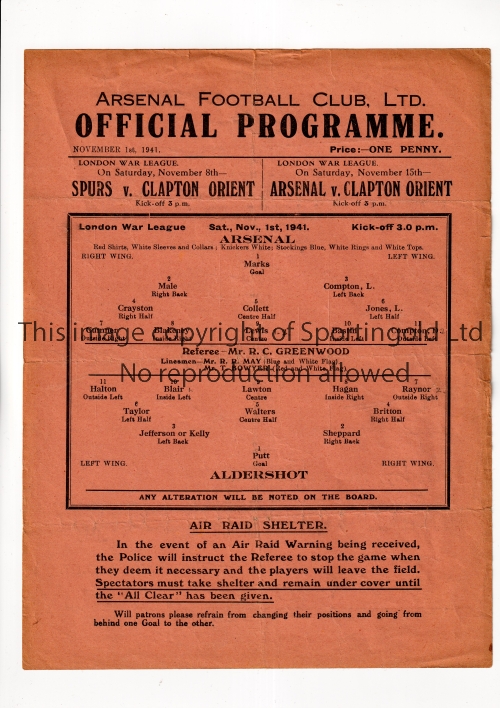 ARSENAL Single sheet programme for the home London War League match v Aldershot 1/11/1941,