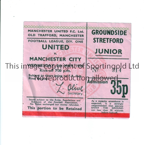 MANCHESTER UNITED Ticket for the home League match v Manchester City 5/5/1976, vertical creases,