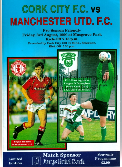 MANCHESTER UNITED Five away programmes for the Friendly matches in Ireland v Cork City 3/8/1990,