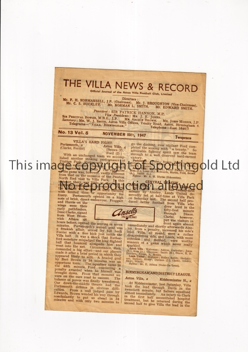 ASTON VILLA V BOLTON WANDERERS 1947 Programme for the League match at Aston Villa 15/11/1947, team