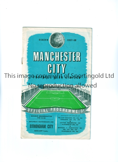 MANCHESTER CITY V BIRMINGHAM CITY 1958 / MUNICH AIR DISASTER Programme for the League match 15/2/
