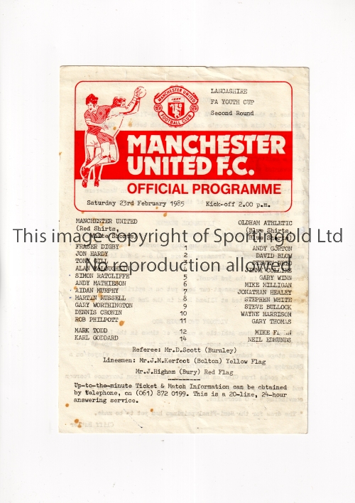 MANCHESTER UNITED Single sheet programme for the home Lancashire FA Youth Cup tie v Oldham