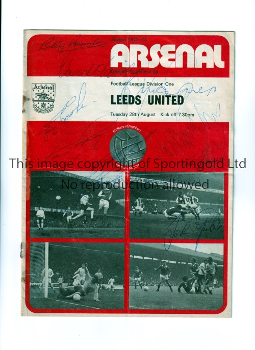 LEEDS UNITED AUTOGRAPHS 1973 Programme for the away League match v Arsenal 28/8/1973 signed on the