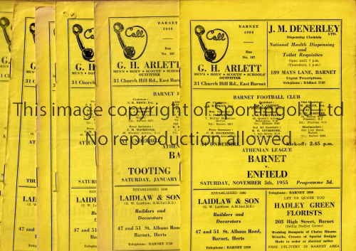 BARNET Six home programmes, including 5 X Athenian League matches v Enfield 5/11/1955, Tooting and