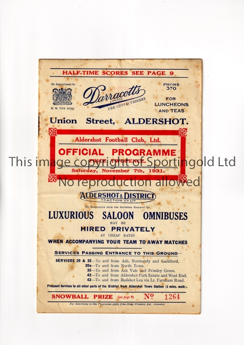 ALDERSHOT V DARTFORD 1931 Programme for the London Combination match at Aldershot 7/11/1931,