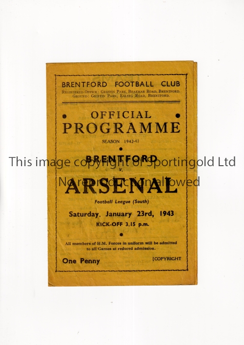 ARSENAL Programme for the away FL South match v Brentford 23/1/1943, very slightly creased.