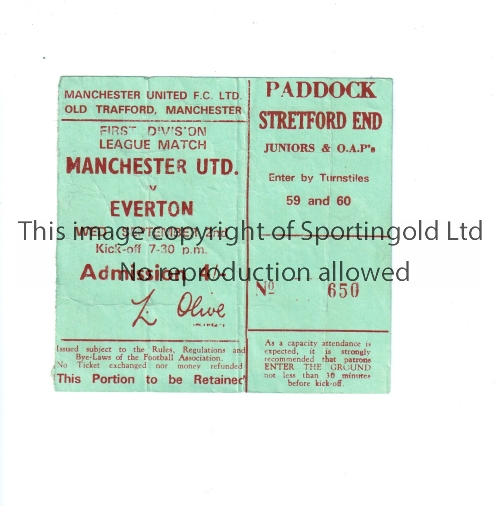 MANCHESTER UNITED Ticket for the home League match v Everton 2/9/1970, vertical creases, slight wear