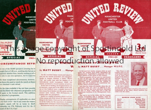 MANCHESTER UNITED Five home 4 page programmes including v Arsenal 31/1/1962, FA Cup 4th round tie,