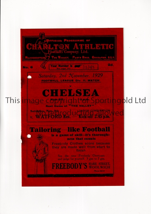 CHELSEA Programme for the away League match v Charlton Athletic 2/11/1929, rusty staples and punched
