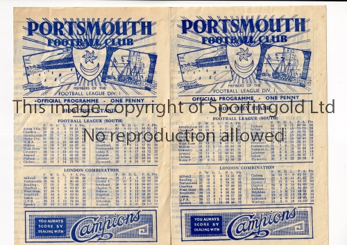 PORTSMOUTH Two home programmes for FL South matches in season 1945/6 v WBA 9/3/1946 and Birmingham