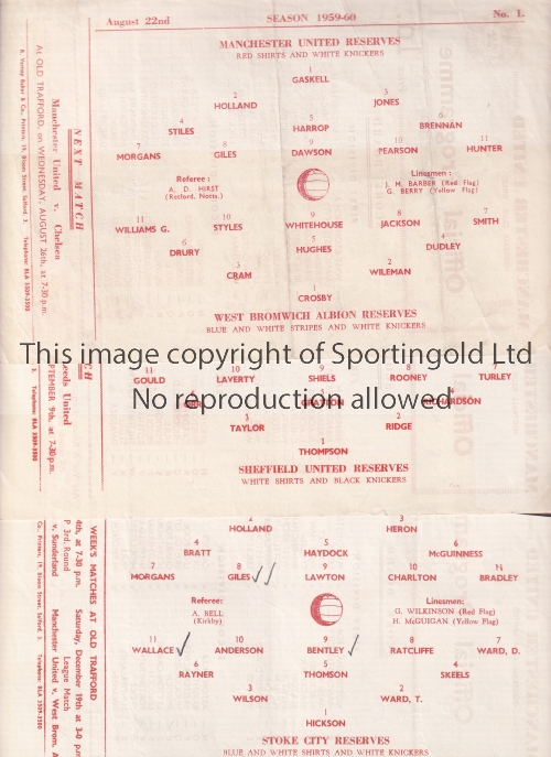 MANCHESTER UNITED Ten single sheet programmes for home Central League matches in season 1959/60 v