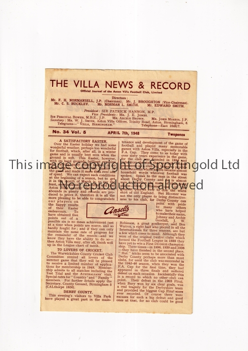 ASTON VILLA V DERBY COUNTY 1948 Programme for the League match at Aston Villa 7/4/1948, team