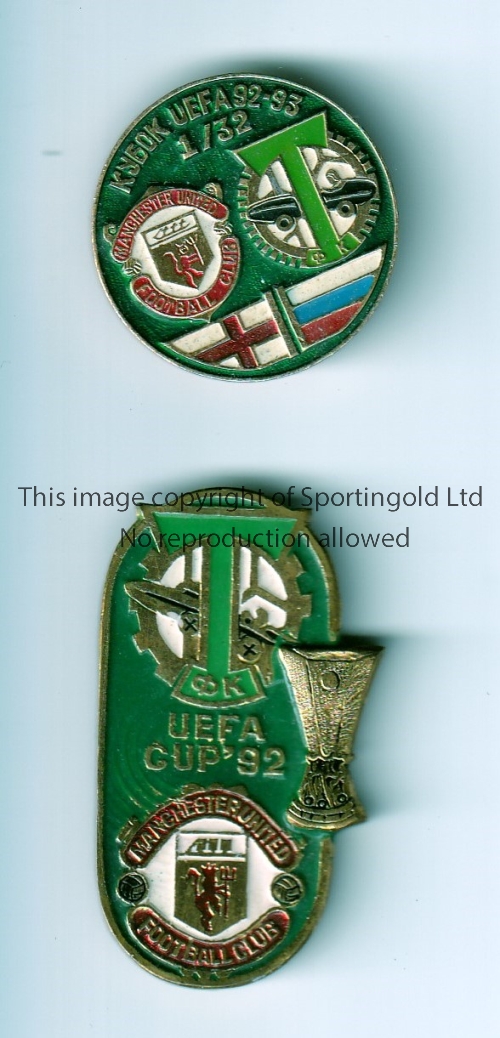 MANCHESTER UNITED Two different badges for the away match at Torpedo Moscow on 29/9/92. Good