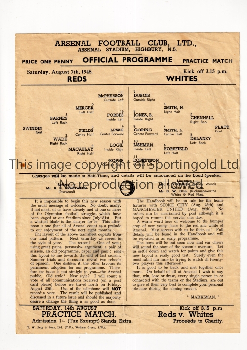 ARSENAL Single sheet programme for the Public Practice match 7/8/1948, slightly creased. Generally