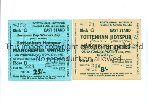 MANCHESTER UNITED V TOTTENHAM HOTSPUR Two tickets including, the League match at Tottenham 21/3/1964