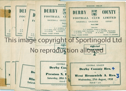 DERBY COUNTY Fifteen home programmes for the Central League matches v West Bromwich 27/8/1958,