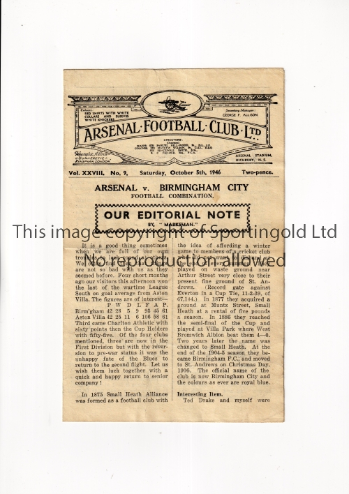ARSENAL Programme for the home Football Combination match v Birmingham City 5/10/1946, slightly