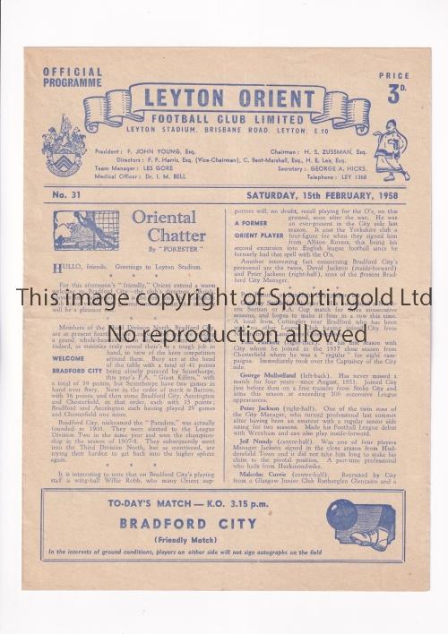 LEYTON ORIENT V BRADFORD CITY 1958 Programme for the Friendly match at Leyton 15/2/1958,