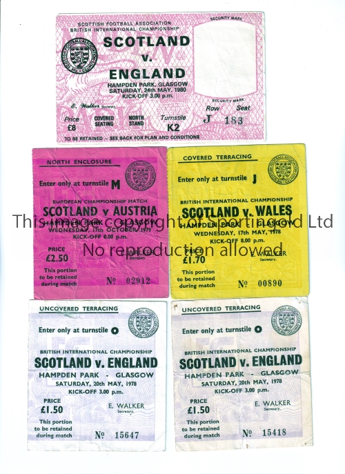 SCOTLAND Five tickets for international matches at Hampden Park v 1978 England X 2, 1978 Wales, 1979