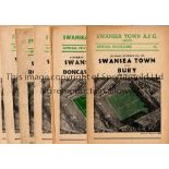 SWANSEA TOWN Six home programmes for the League matches v Bury 15/9/1956, Doncaster Rovers 13/10/