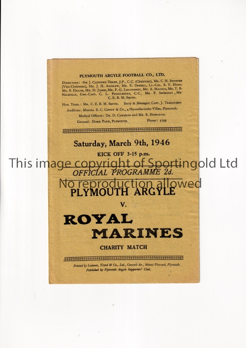 PLYMOUTH ARGYLE V ROYAL MARINES 1946 Programme for the Charity match at Plymouth 9/3/1946,