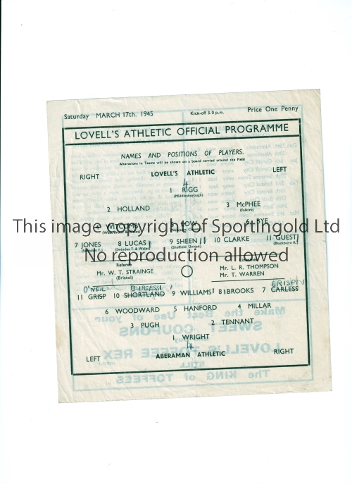 LOVELLS ATHLETIC V ABERAMAN ATHLETIC 1945 Single sheet for the War League game at Rexville on 17/3/