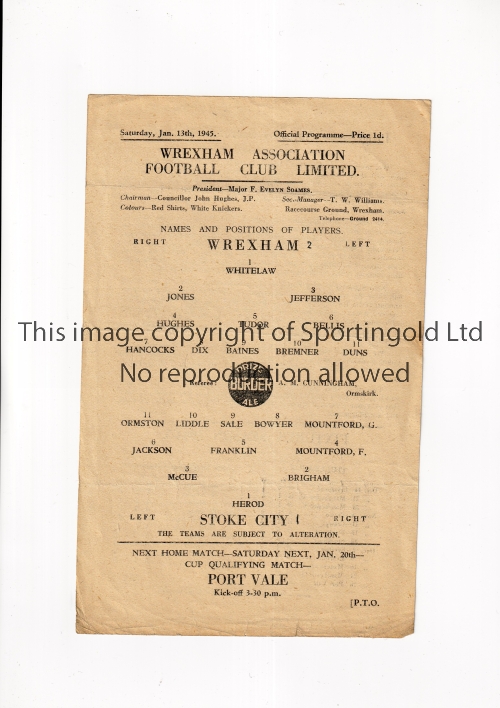 WREXHAM V STOKE CITY 1945 Single sheet programme for the League match at Wrexham 13/1/1945,