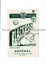 ARSENAL Programme for the away League match v Blackpool 21/2/1953, slightly creased and team
