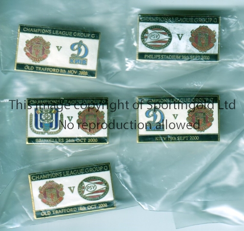 MANCHESTER UNITED Five rectangle badges for Champions League matches in 2000/1 homes v 18/10/00