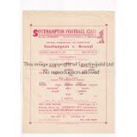 ARSENAL Single sheet away programme for the Combination Cup tie v Southampton 1/2/1947, horizontal