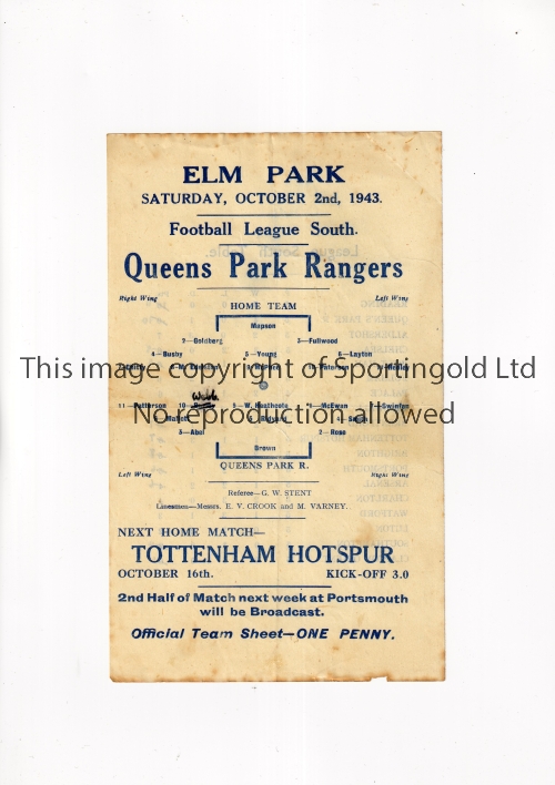 READING V QUEEN'S PARK RANGERS 1943 Single sheet programme for the FL South match at Reading 2/10/