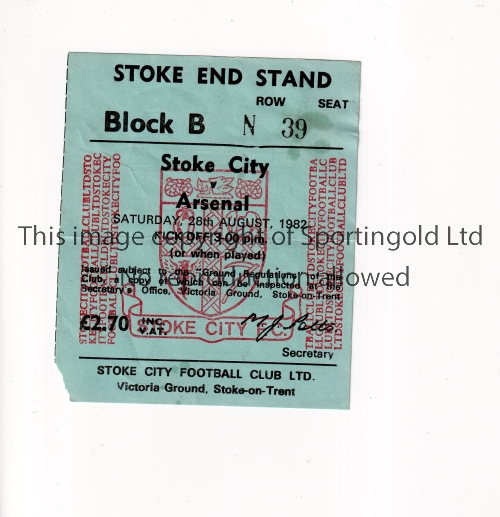 ARSENAL / FIRST MATCH WITH GREEN SHIRTS & BLUE SLEEVES Ticket for the first League match v Stoke