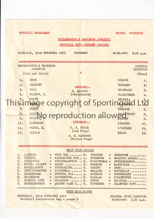 ARSENAL Single sheet programme for the away Friendly v Bournemouth 25/11/1967, very slightly