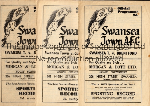 SWANSEA TOWN Three home programmes for the League matches v Birmingham City 19/8/1950, slightly